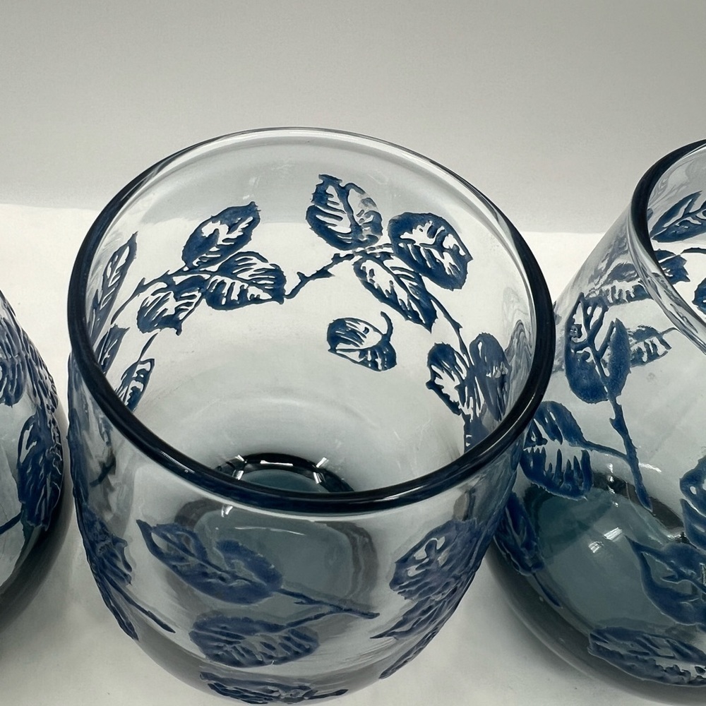 Libbey Juice Eventide Glasses Painted Blue leaves Set of 4 Vintage - Picture 9 of 9